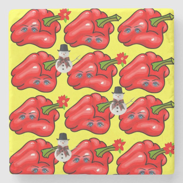 Christmas Marble Stone Coaster, Red Pepper Snowman Coaster (Front)