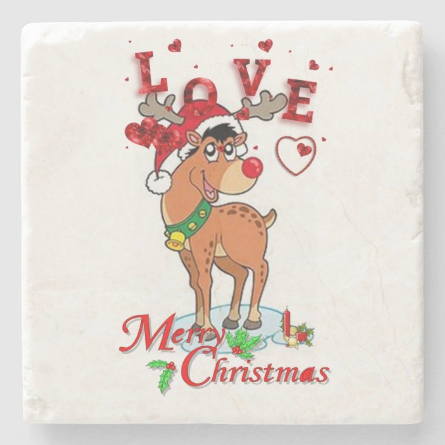Christmas Marble Stone Coaster, Reindeer Stone Coaster (Front)