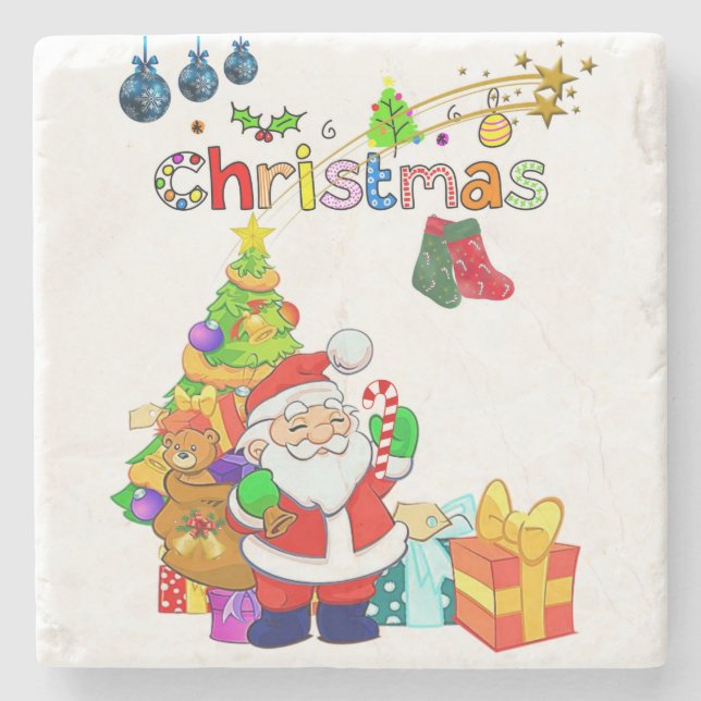 Christmas Marble Stone Coaster, Santa Stone Coaster (Front)