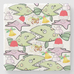 Christmas Marble Stone Coaster, Shark Fish Snowman Coaster