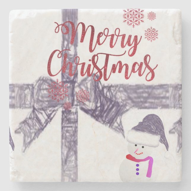 Christmas Marble Stone Coaster, Snowman Stone Coaster (Front)