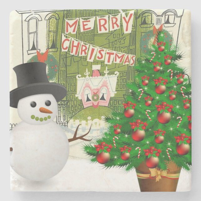 Christmas Marble Stone Coaster, Snowman Stone Coaster (Front)