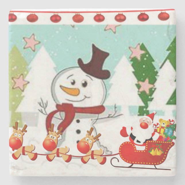 Christmas Marble Stone Coaster, Snowman Stone Coaster (Front)