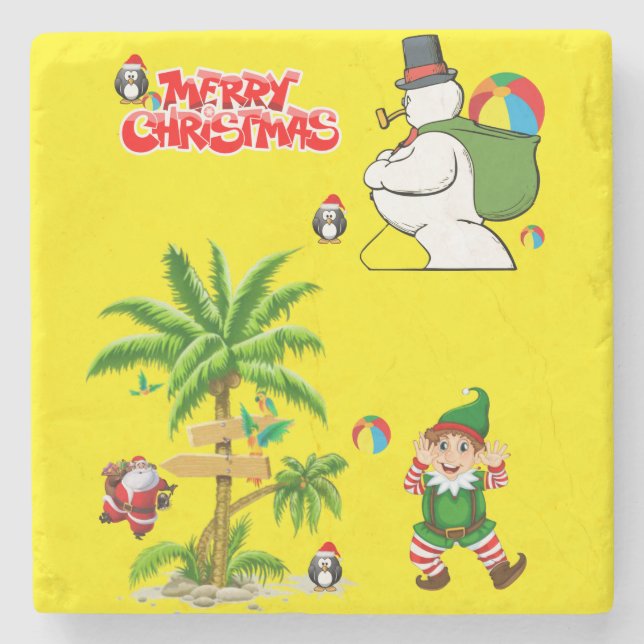 Christmas Marble Stone Coaster, Summer Beach Santa Coaster (Front)