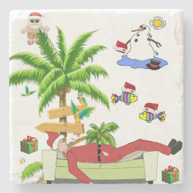 Christmas Marble Stone Coaster, Summer Beach Santa Coaster (Front)