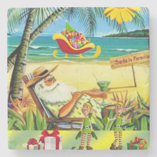 Christmas Marble Stone Coaster, Summer Beach Santa Stone Coaster