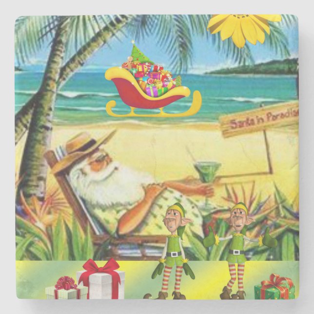 Christmas Marble Stone Coaster, Summer Beach Santa Stone Coaster (Front)