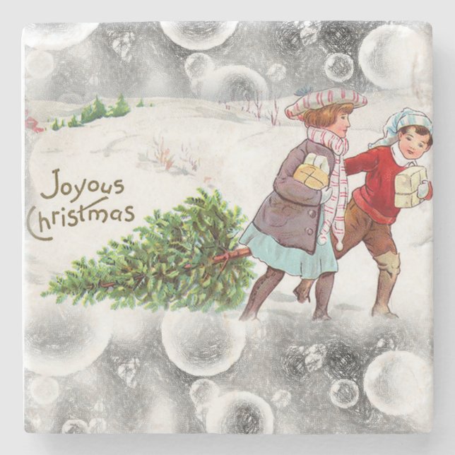 Christmas Marble Stone Coaster, Vintage Coaster (Front)