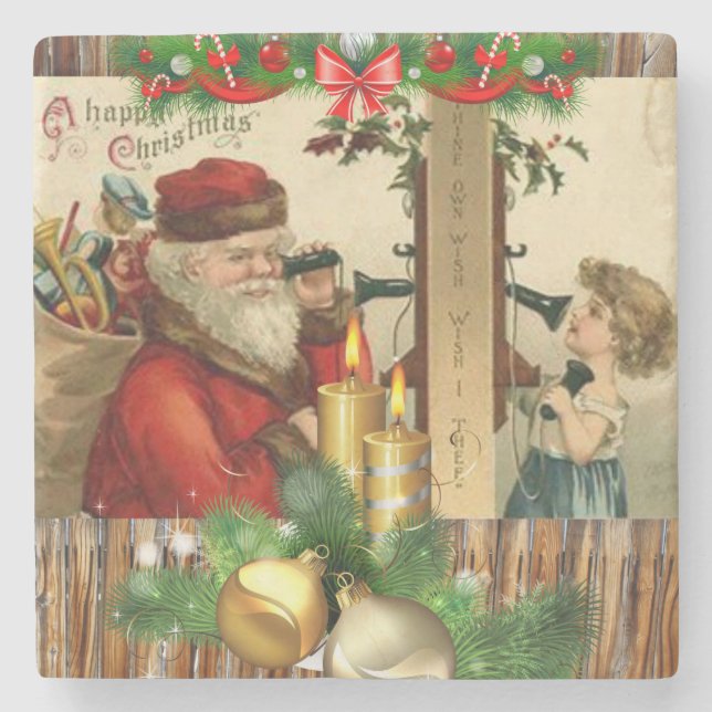Christmas Marble Stone Coaster, Vintage Coaster (Front)