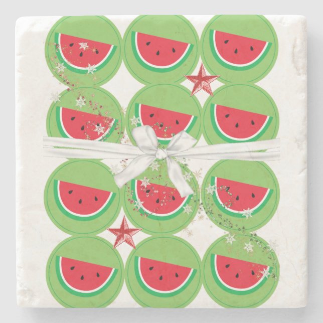 Christmas Marble Stone Coaster, Watermelon Bow Stone Coaster (Front)