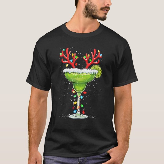 Christmas Margarita Drink With Xmas Lights Reindee T-Shirt (Front)