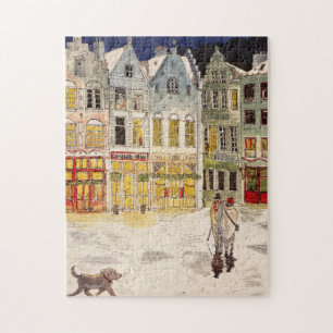 Christmas Market Belgium Retro-inspired Watercolor Jigsaw Puzzle