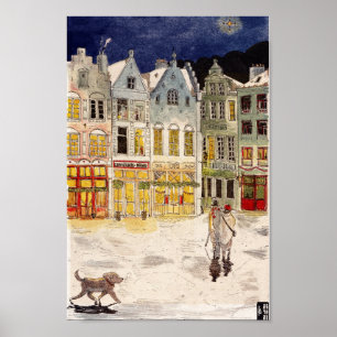 Christmas Market Belgium Retro-inspired Watercolor Poster
