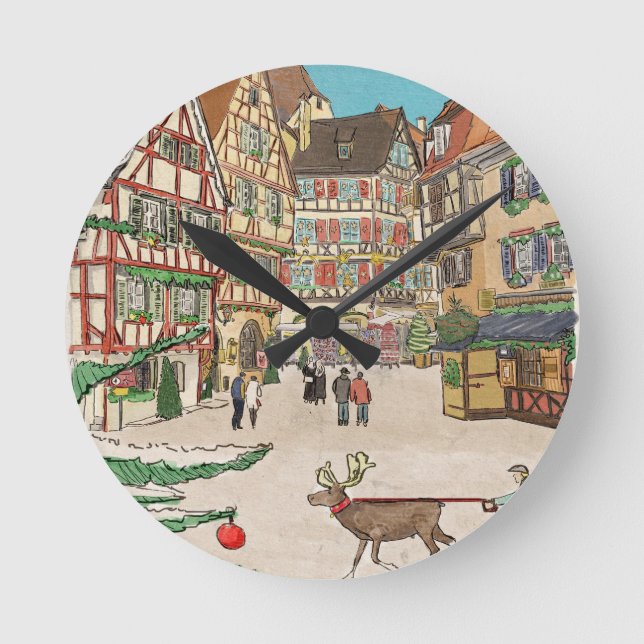 Christmas Market Strasbourg France Retro-inspired Round Clock (Front)
