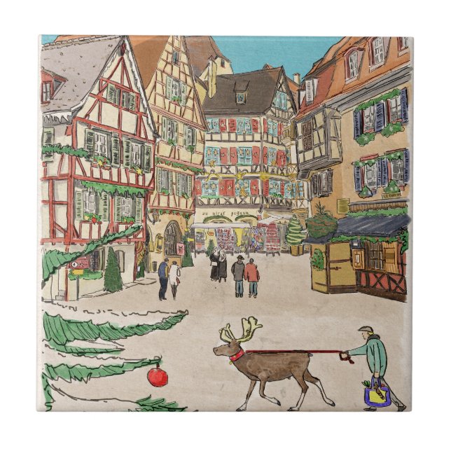 Christmas Market Strasbourg France Retro-inspired Tile (Front)