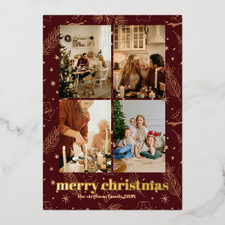 Christmas Maroon Foil Pine and Star Print Foil Holiday Card