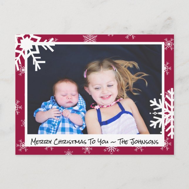 Christmas Maroon Snowflakes Family Photo Card (Front)