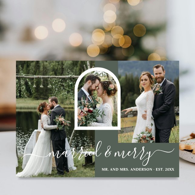 Christmas Married Merry Script 6 Photo Collage Holiday Card (Creator Uploaded)