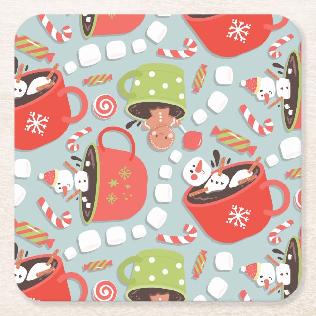 Christmas Marshmallow Snowman Hot Cocoa  Square Paper Coaster (Front)