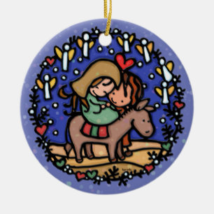 Christmas Mary Joseph Angels Rejoicing BLUE Ceramic Tree Decoration
