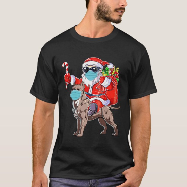 Christmas Mask Santa Riding Pitbull Xmas Boys Dog T-Shirt (Front)