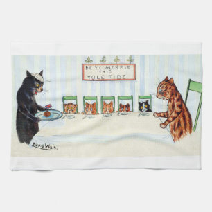 Christmas meal, Louis Wain Tea Towel