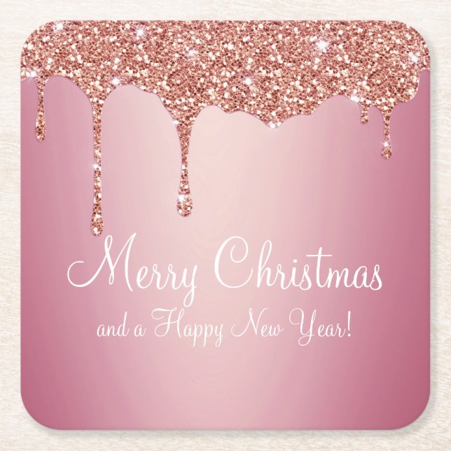 Christmas melting rose pink gold square paper coaster (Front)