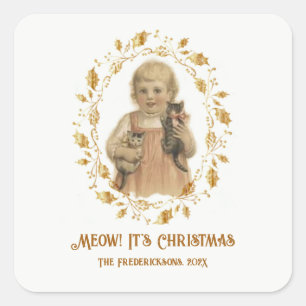 Christmas Meow Vintage Square Sticker