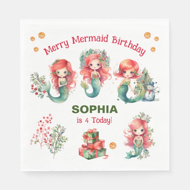 Christmas Mermaid Birthday Napkins (Front)