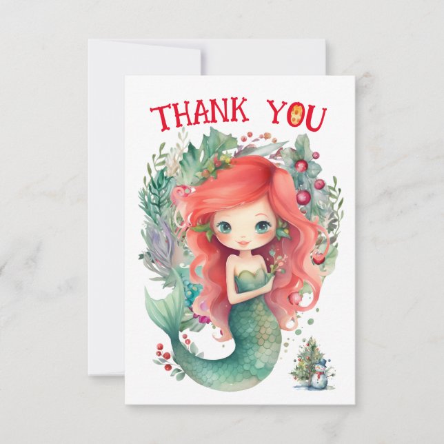 Christmas Mermaid Birthday Thank You Card (Front)