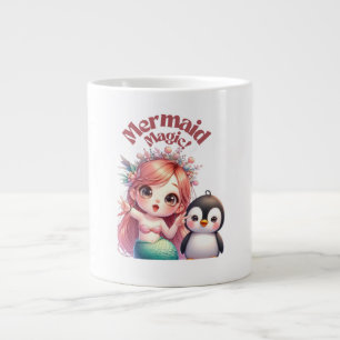 Christmas Mermaid Magic Card with Penguin Fun Large Coffee Mug