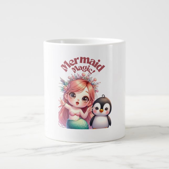 Christmas Mermaid Magic Card with Penguin Fun Large Coffee Mug (Front)