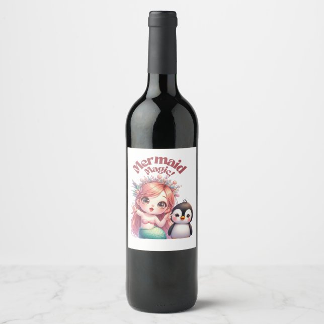 Christmas Mermaid Magic Card with Penguin Fun Wine Label (Front)
