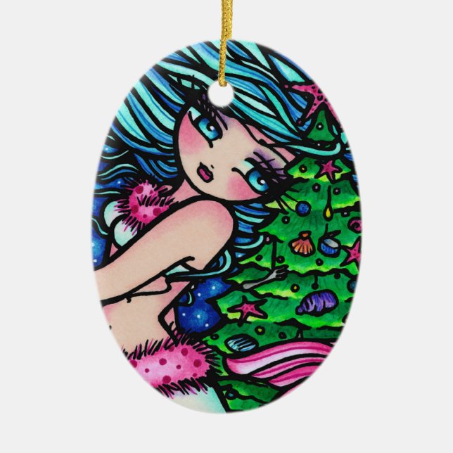 Christmas Mermaid Merry Mindy Art by Hannah Lynn Ceramic Tree Decoration (Front)