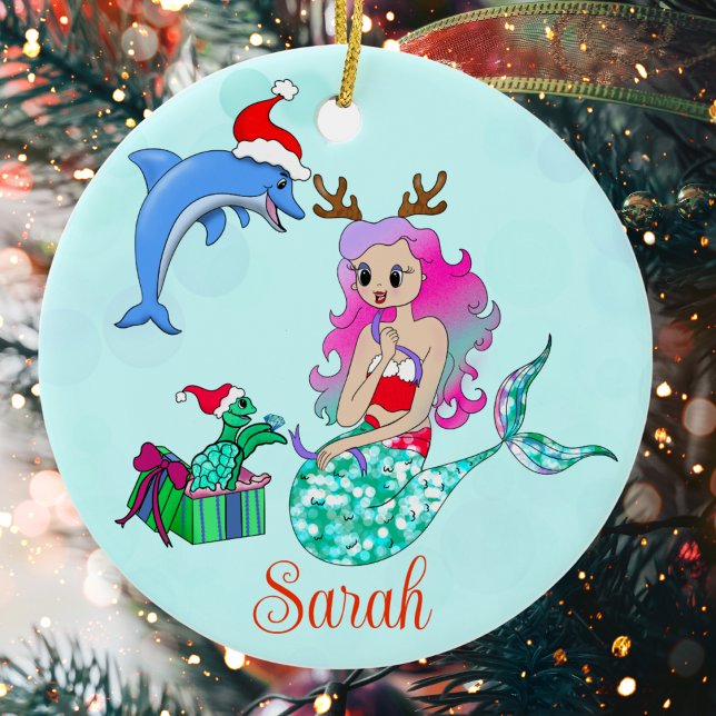 Christmas Mermaid Opening Up Gifts Name Ceramic Tree Decoration (Creator Uploaded)