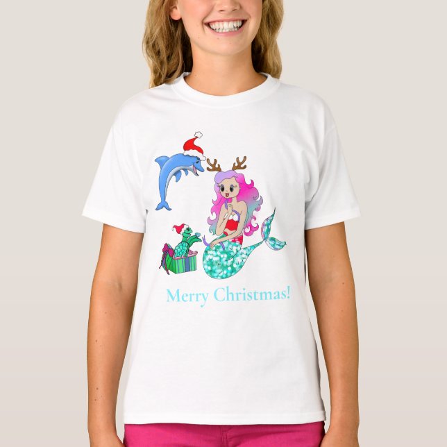 Christmas Mermaid Opening Up Gifts T-Shirt (Front)