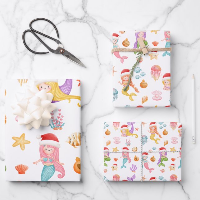 Christmas Mermaid Pattern Wrapping Paper Sheet (Front)