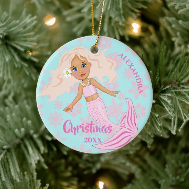 Christmas Mermaid Pink Snowflakes Photo Ceramic Tree Decoration (Tree)