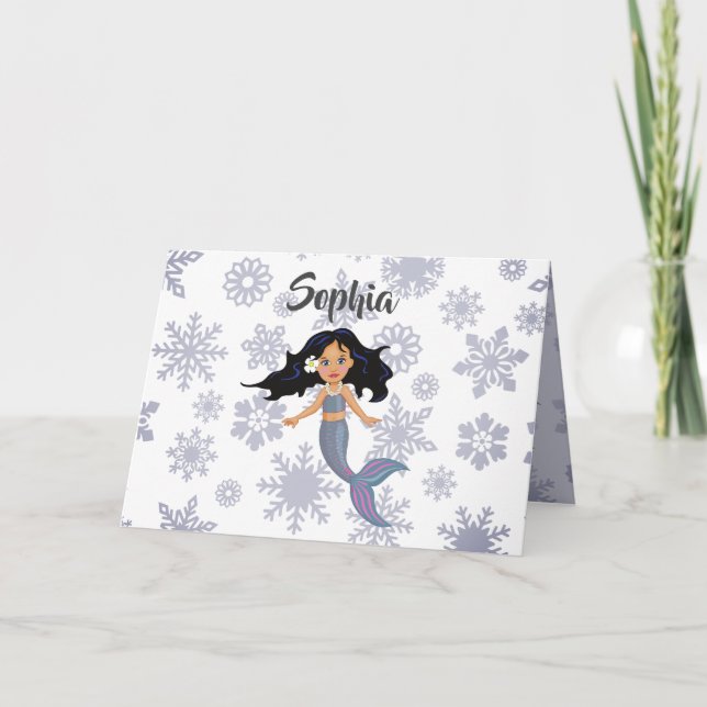 Christmas Mermaid  Purple Personal Girl Snowflake Holiday Card (Front)
