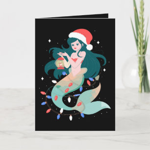 Christmas Mermaid Santa Hat Lantern Lights Xmas Card