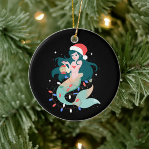 Christmas Mermaid Santa Hat Lantern Lights Xmas Ceramic Tree Decoration