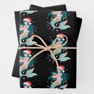 Christmas Mermaid Santa Hat Lantern Lights Xmas Wrapping Paper Sheet