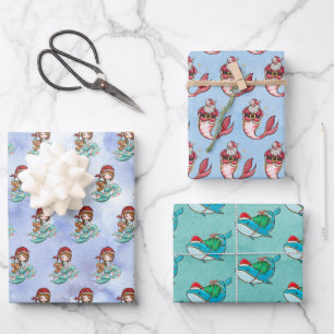 Christmas Mermaid Santa Whale Watercolor Wrapping Paper Sheet