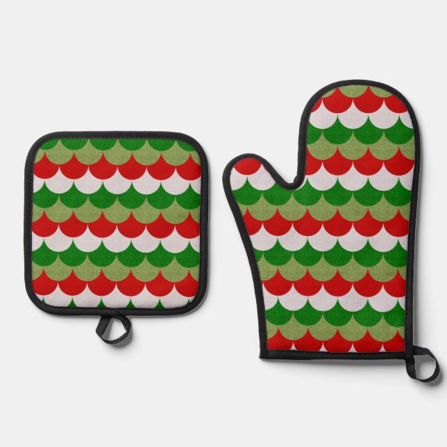 Christmas Mermaid Scales Sparkle Holiday Pattern Oven Mitt & Pot Holder Set (Front)