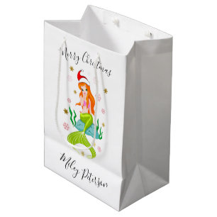 Christmas mermaid & snowflakes gold personalised medium gift bag