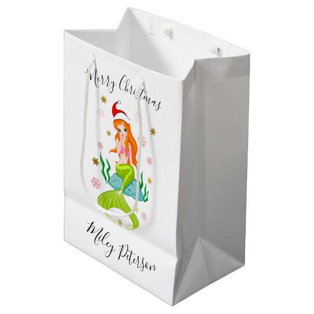 Christmas mermaid & snowflakes gold personalised medium gift bag (Front Angled)