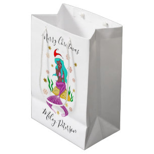 Christmas mermaid & snowflakes gold personalised medium gift bag