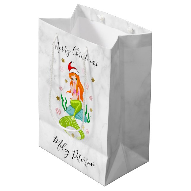 Christmas mermaid & snowflakes gold personalised medium gift bag (Front Angled)