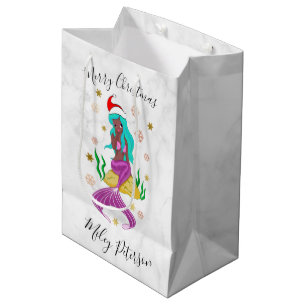 Christmas mermaid & snowflakes gold personalised medium gift bag