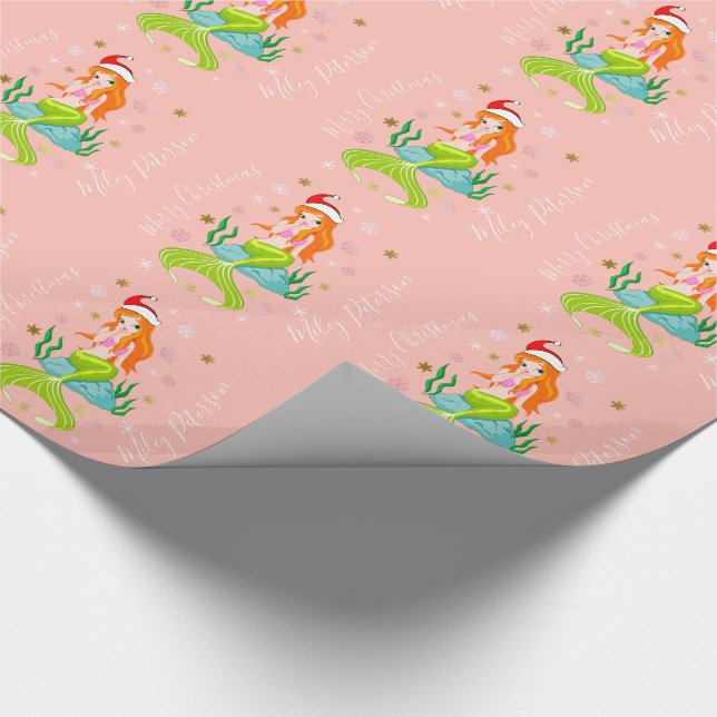 Christmas mermaid & snowflakes gold personalised wrapping paper (Corner)